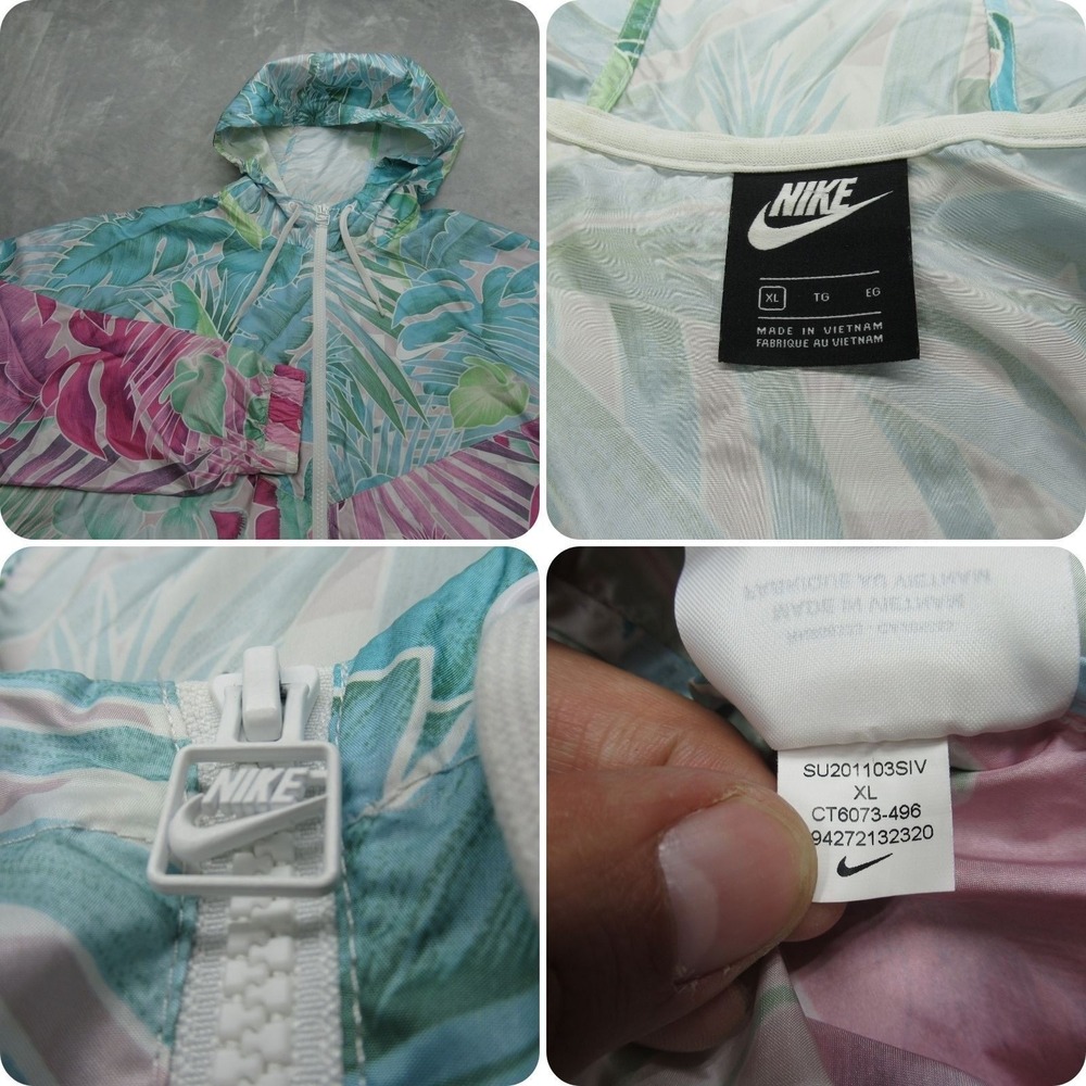 Nike Jacket Womens XL Green Windrunner Floral Full Zip Lightweight Cropped
